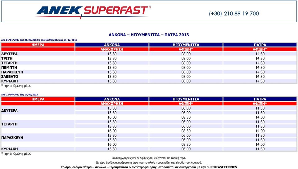 14/09/2013 ΗΜΕΡΑ ΑΝΚΟΝΑ ΗΓΟΥΜΕΝΙΤΣΑ ΠΑΤΡΑ ΑΝΑΧΩΡΗΣΗ ΑΦΙΞΗ* ΑΦΙΞΗ* ΔΕΥΤΕΡΑ ΤΕΤΑΡΤΗ ΠΑΡΑΣΚΕΥΗ ΚΥΡΙΑΚΗ Οι αναχωρήσεις και οι αφίξεις σημειώνονται σε τοπική ώρα.