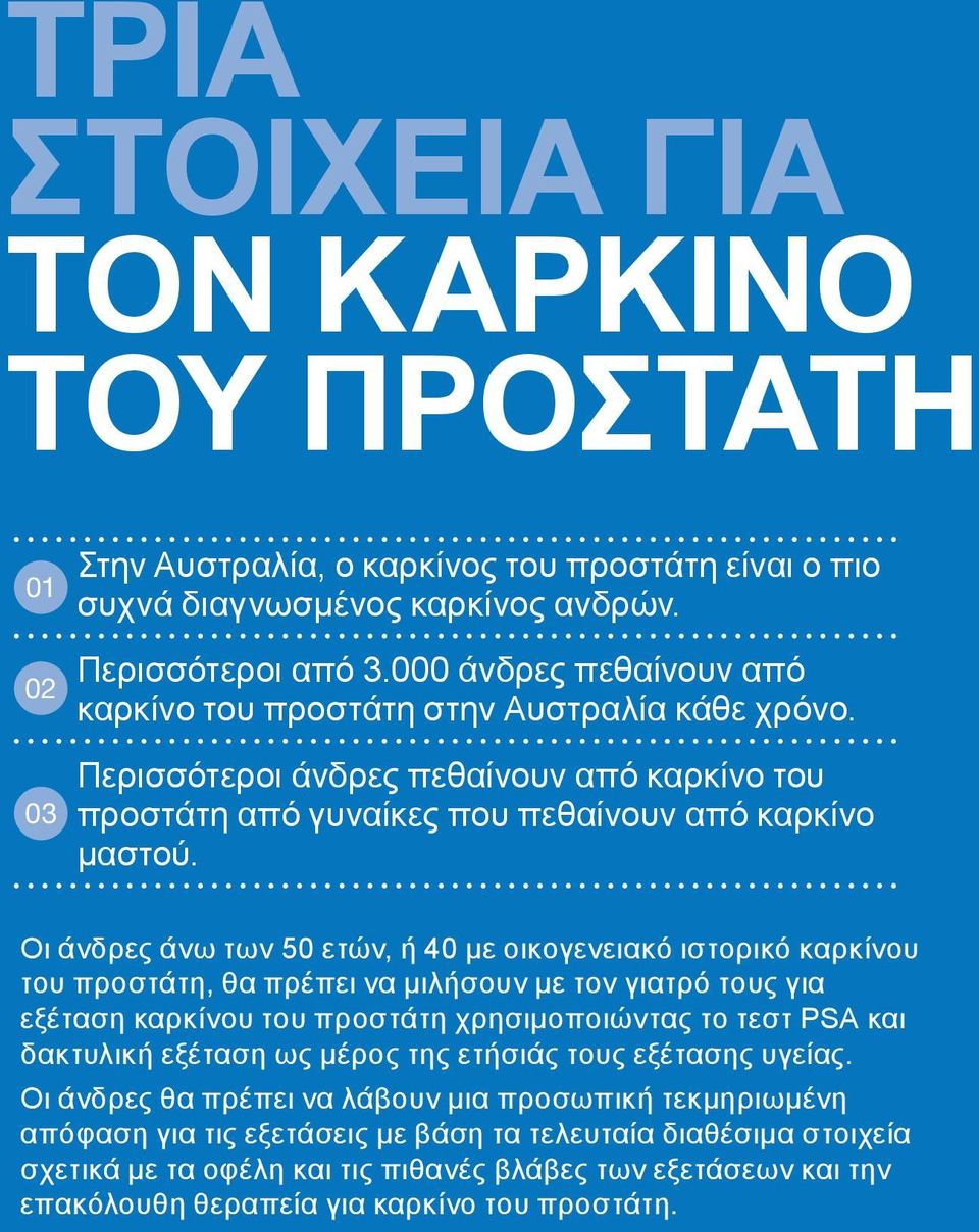 Οι άνδρες άνω των 50 ετών, ή 40 με οικογενειακό ιστορικό καρκίνου του προστάτη, θα πρέπει να μιλήσουν με τον γιατρό τους για εξέταση καρκίνου του προστάτη χρησιμοποιώντας το τεστ PSA και δακτυλική