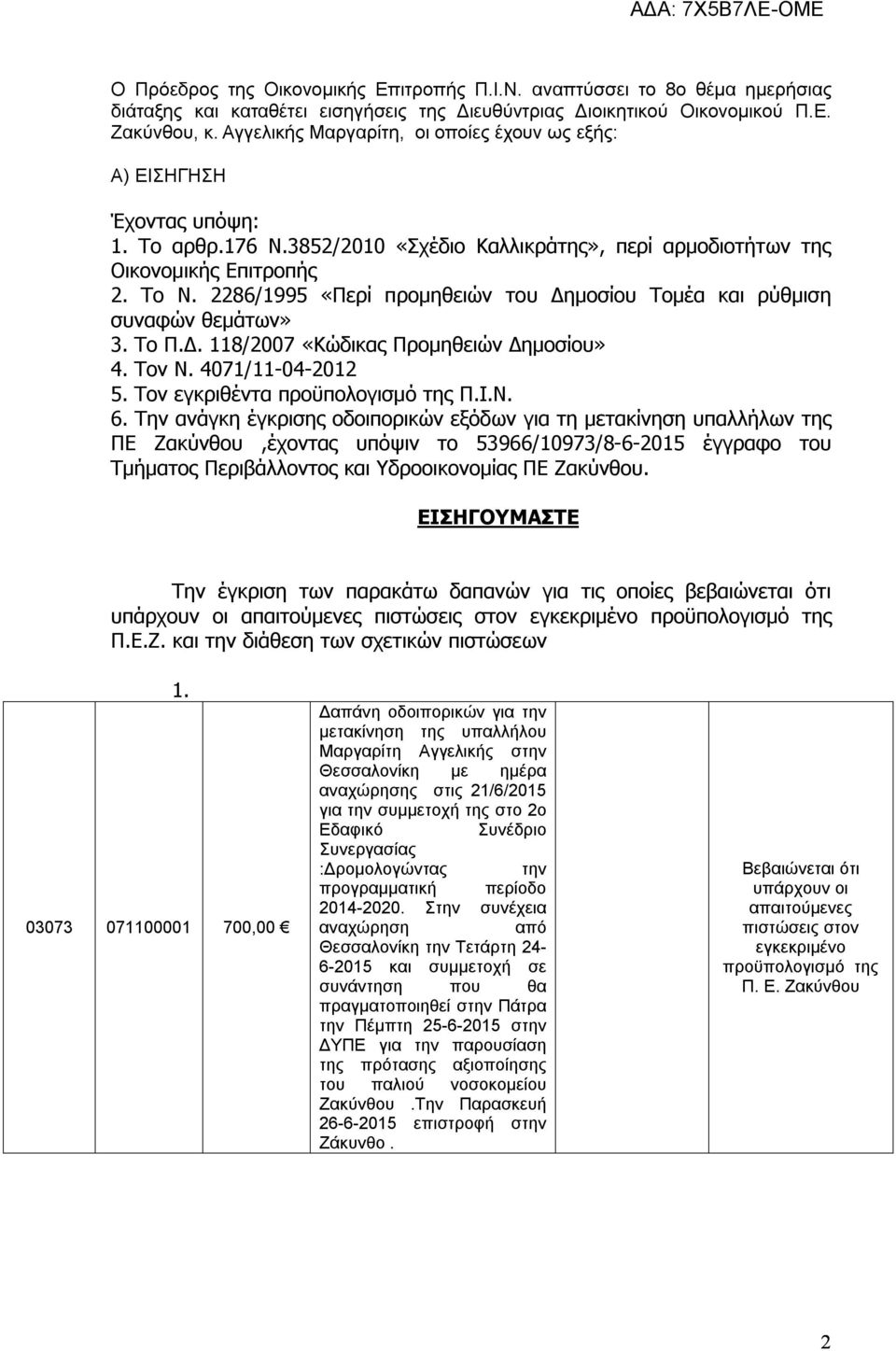 2286/1995 «Περί προμηθειών του Δημοσίου Τομέα και ρύθμιση συναφών θεμάτων» 3. Το Π.Δ. 118/2007 «Κώδικας Προμηθειών Δημοσίου» 4. Τον Ν. 4071/11-04-2012 5. Τον εγκριθέντα προϋπολογισμό της Π.Ι.Ν. 6.