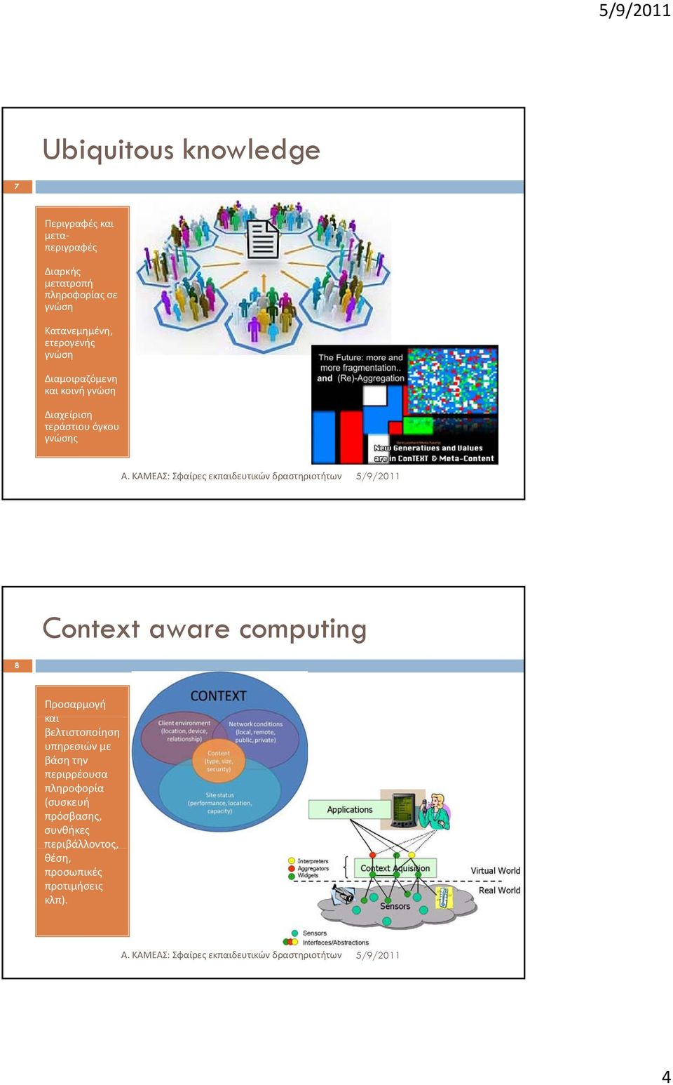 γνώσης Context aware computing 8 Προσαρμογή και βελτιστοποίηση υπηρεσιών με βάση την