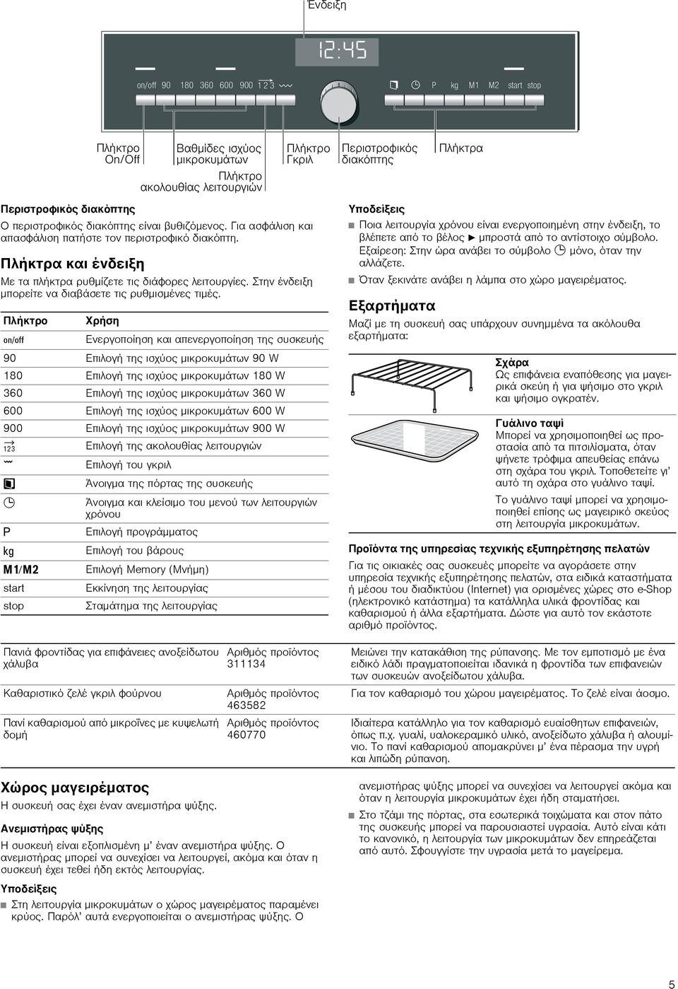 Πλήκτρο Χρήση Ž Ενεργοποίηση και απενεργοποίηση της συσκευής 90 Επιλογή της ισχύος μικροκυμάτων 90 W 180 Επιλογή της ισχύος μικροκυμάτων 180 W 360 Επιλογή της ισχύος μικροκυμάτων 360 W 600 Επιλογή