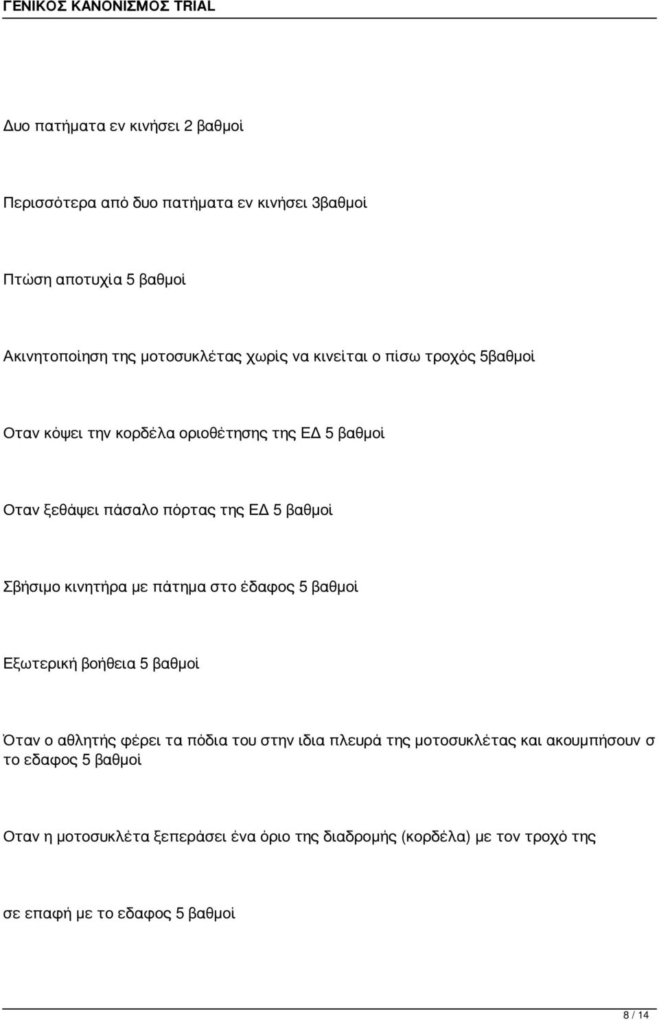 κινητήρα με πάτημα στο έδαφος 5 βαθμοί Εξωτερική βοήθεια 5 βαθμοί Όταν ο αθλητής φέρει τα πόδια του στην ιδια πλευρά της μοτοσυκλέτας και