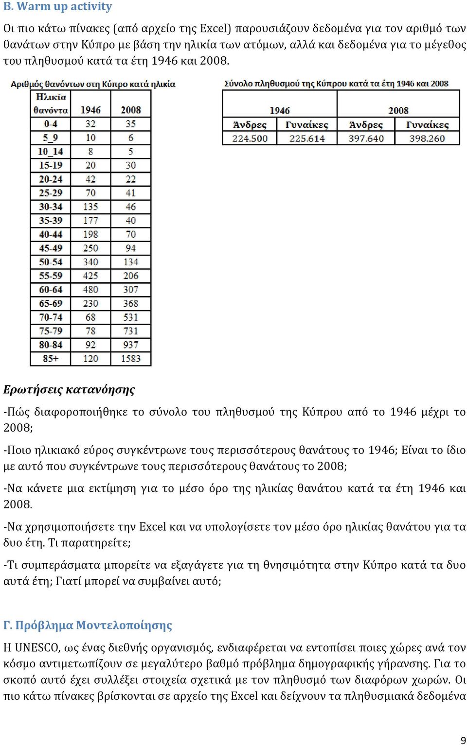 Ερωτήςεισ κατανόηςησ -Πώσ διαφοροποιόθηκε το ςϑνολο του πληθυςμοϑ τησ Κϑπρου απϐ το 1946 μϋχρι το 2008; -Ποιο ηλικιακϐ εϑροσ ςυγκϋντρωνε τουσ περιςςϐτερουσ θανϊτουσ το 1946; Εύναι το ύδιο με αυτϐ που