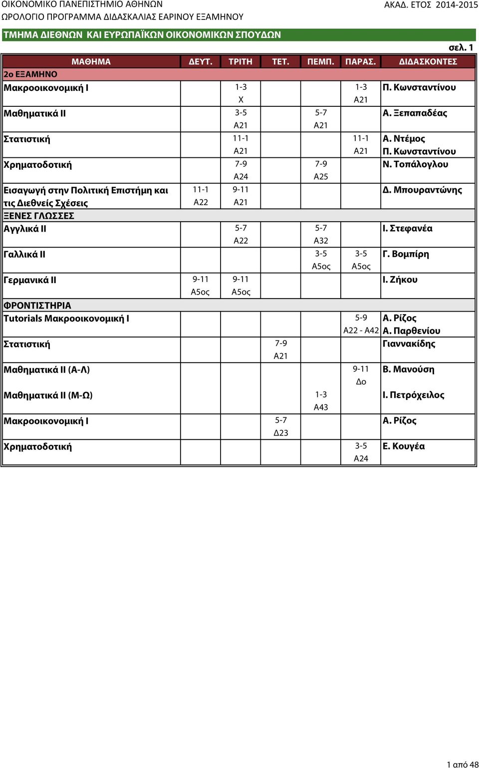 Μπουραντώνης τις Διεθνείς Σχέσεις Α21 ΞΕΝΕΣ ΓΛΩΣΣΕΣ Αγγλικά ΙΙ 5-7 5-7 Ι. Στεφανέα Γαλλικά ΙΙ 3-5 3-5 Γ. Βομπίρη A5ος A5ος Γερμανικά ΙΙ 9-11 9-11 Ι.