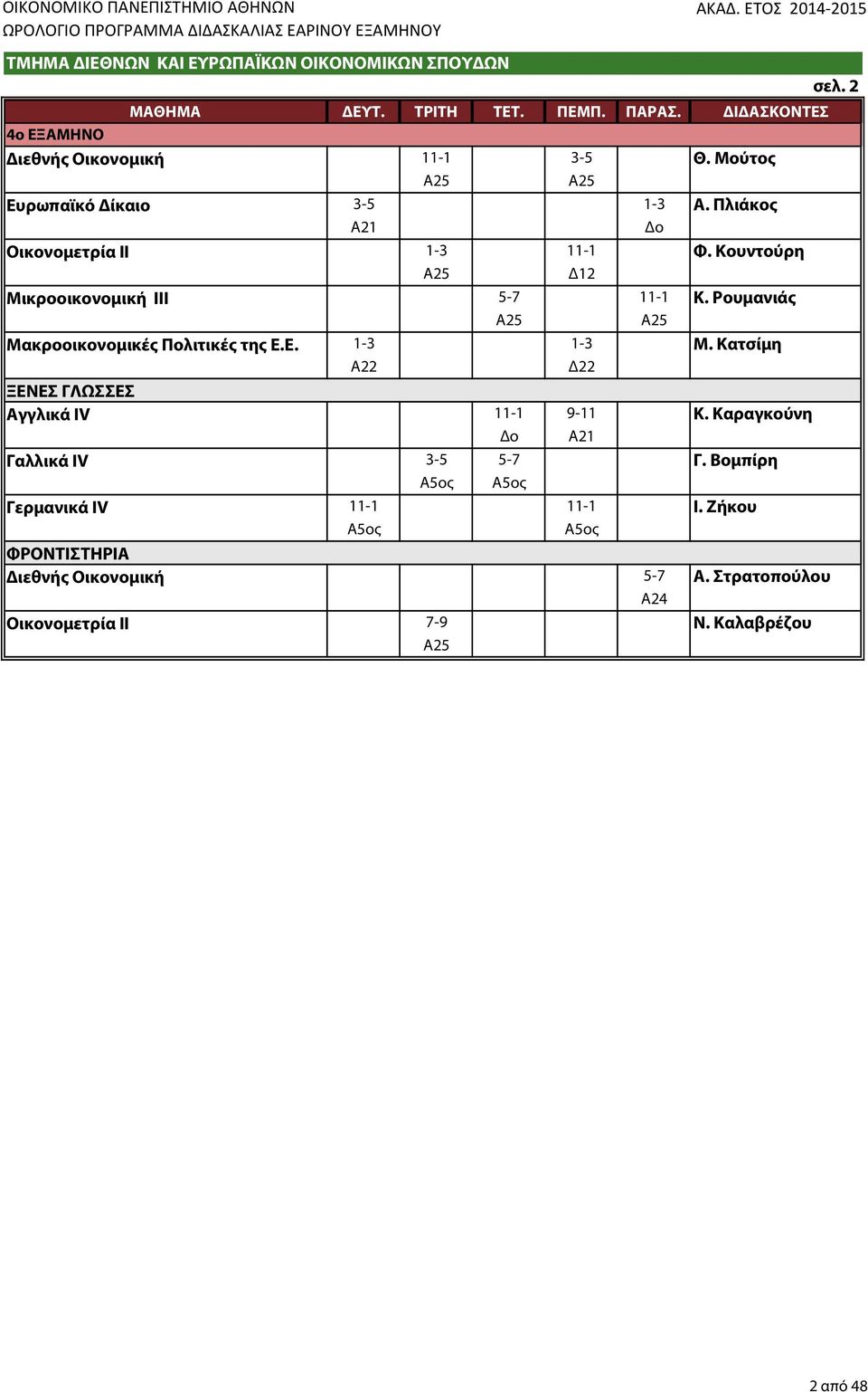 Κουντούρη Α25 Δ12 Μικροοικονομική ΙΙΙ 5-7 11-1 Κ. Ρουμανιάς A25 A25 Μακροοικονομικές Πολιτικές της Ε.Ε. 1-3 1-3 Μ.