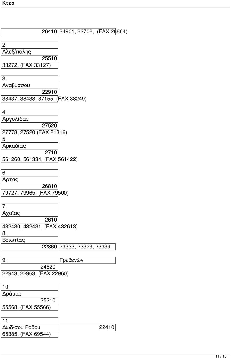Αρκαδίας 2710 561260, 561334, (FAX 561422) 6. Άρτας 26810 79727, 79965, (FAX 79500) 7.