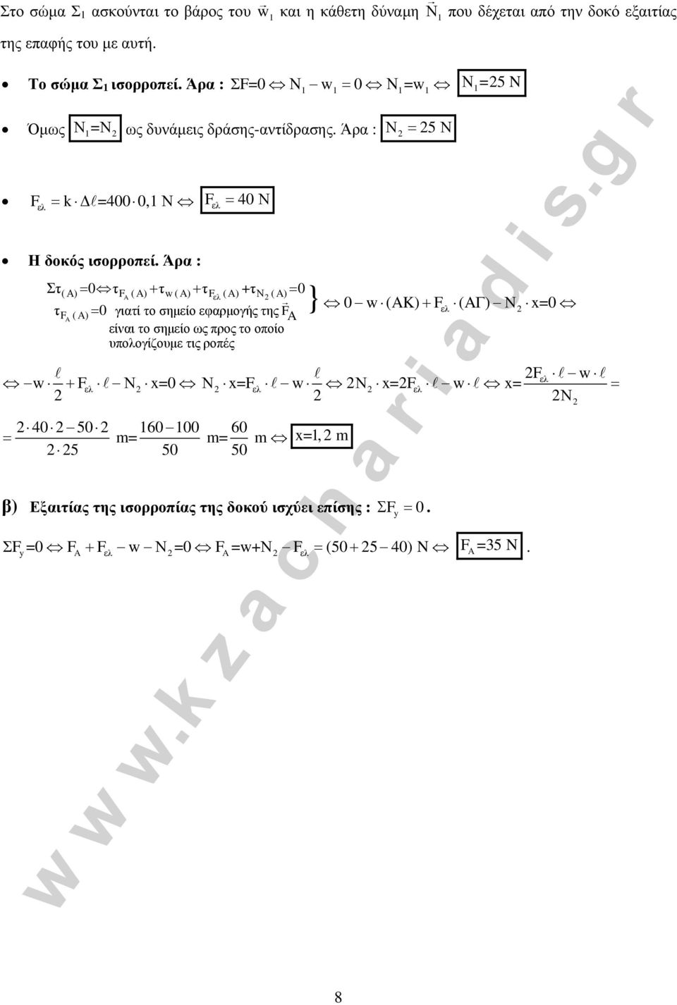Άρα : = 40 Ν Στ( Α) = 0 τf () + τ w() + τ F ελ () +τ 0 } Ν () = τf () = 0 γιατί το σημείο εφαρμογής της F είναι το σημείο ως προς το οποίο υπολογίζουμε τις ροπές w +