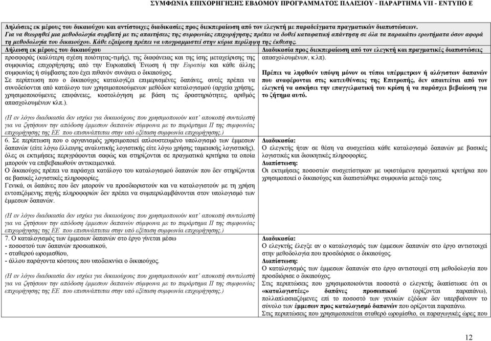 Για να θεωρηθεί μια μεθοδολογία συμβατή με τις απαιτήσεις της συμφωνίας επιχορήγησης πρέπει να δοθεί καταφατική απάντηση σε όλα τα παρακάτω ερωτήματα όσον αφορά τη μεθοδολογία του δικαιούχου.