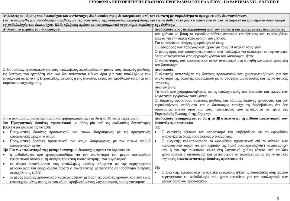 Για να θεωρηθεί μια μεθοδολογία συμβατή με τις απαιτήσεις της συμφωνίας επιχορήγησης πρέπει να δοθεί καταφατική απάντηση σε όλα τα παρακάτω ερωτήματα όσον αφορά τη μεθοδολογία του δικαιούχου.