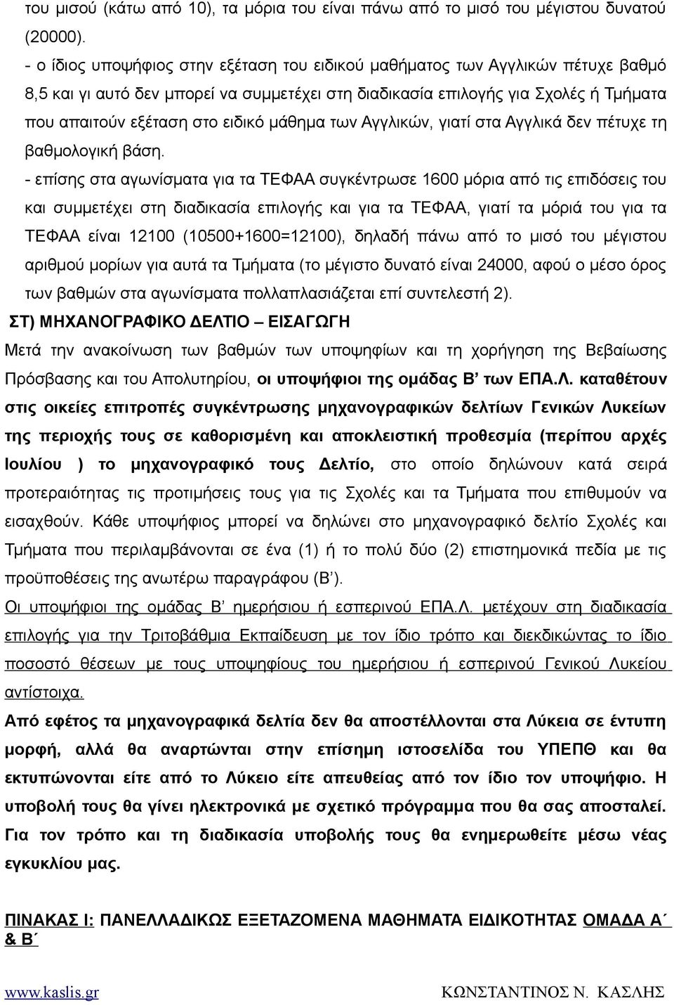 μάθημα των Αγγλικών, γιατί στα Αγγλικά δεν πέτυχε τη βαθμολογική βάση.