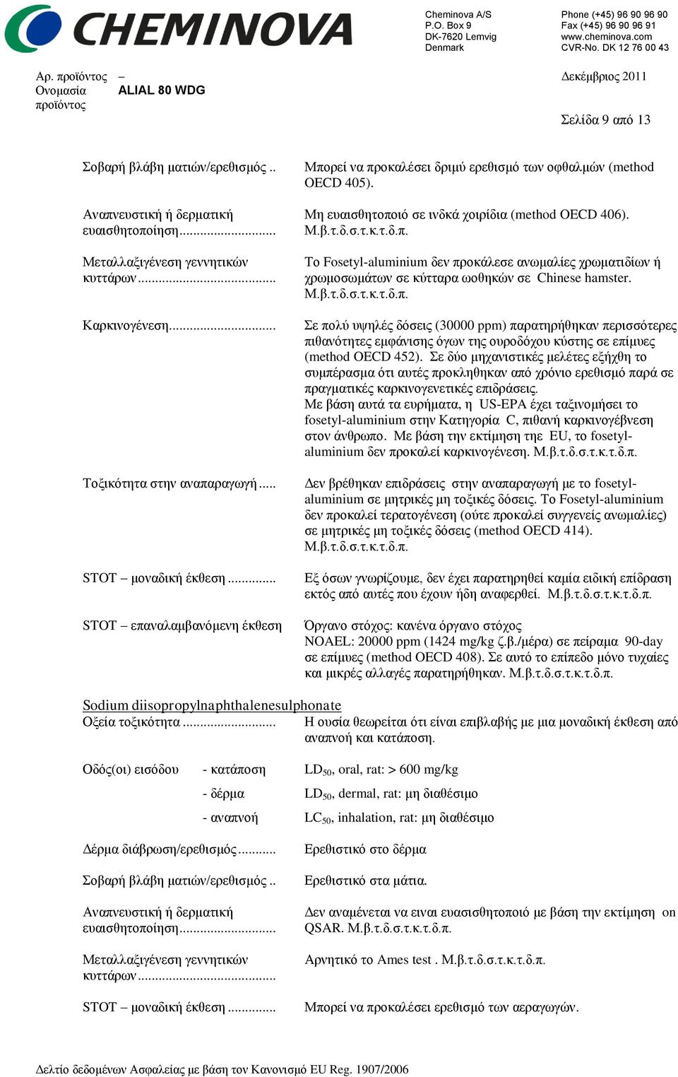 Μ.β.τ.δ.σ.τ.κ.τ.δ.π. Σε πολύ υψηλές δόσεις (30000 ppm) παρατηρήθηκαν περισσότερες πιθανότητες εμφάνισης όγων της ουροδόχου κύστης σε επίμυες (method OECD 452).