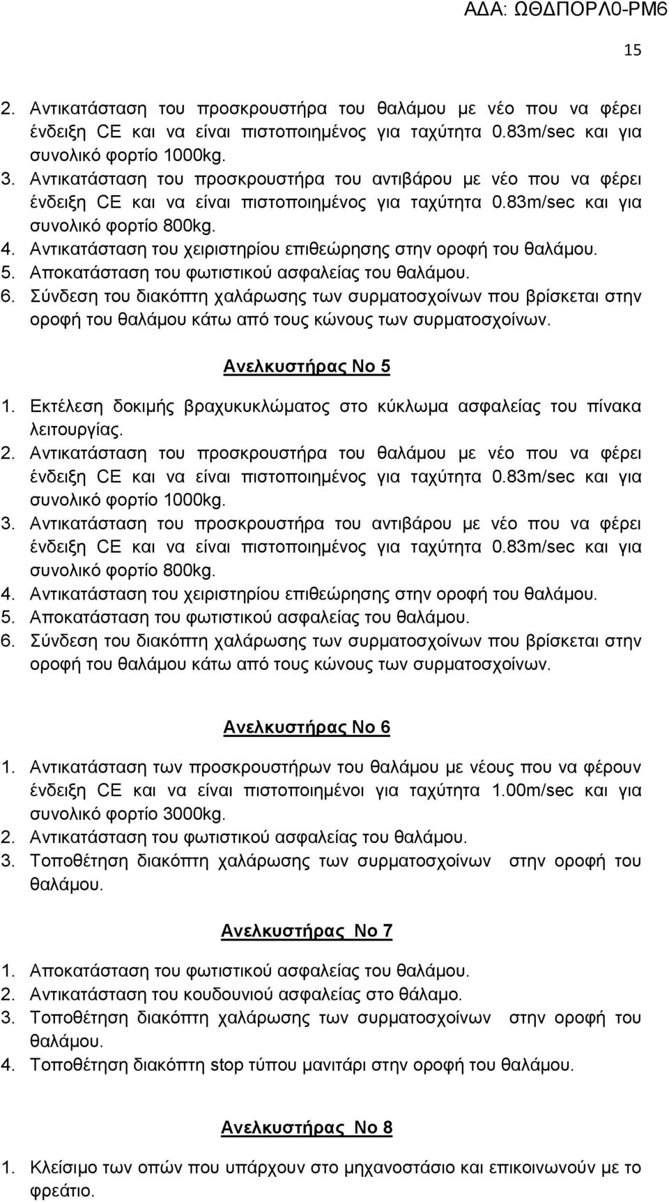 Αληηθαηάζηαζε ηνπ ρεηξηζηεξίνπ επηζεψξεζεο ζηελ νξνθή ηνπ ζαιάκνπ. 5. Απνθαηάζηαζε ηνπ θσηηζηηθνχ αζθαιείαο ηνπ ζαιάκνπ. 6.