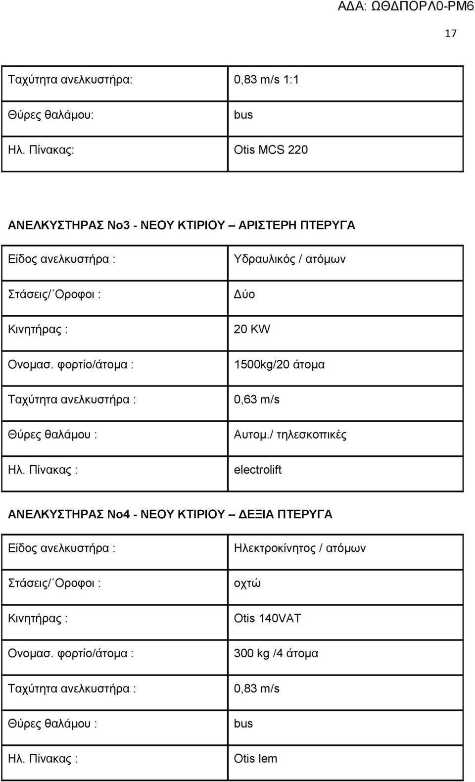 Ολνκαζ. θνξηίν/άηνκα : 1500kg/20 άηνκα Σαρχηεηα αλειθπζηήξα : 0,63 m/s Θχξεο ζαιάκνπ : Απηνκ./ ηειεζθνπηθέο Ηι.