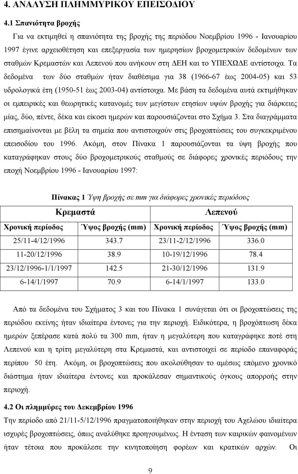 Κρεµαστών και Λεπενού που ανήκουν στη ΕΗ και το ΥΠΕΧΩ Ε αντίστοιχα. Τα δεδοµένα των δύο σταθµών ήταν διαθέσιµα για 38 (1966-67 έως 2004-05) και 53 υδρολογικά έτη (1950-51 έως 2003-04) αντίστοιχα.