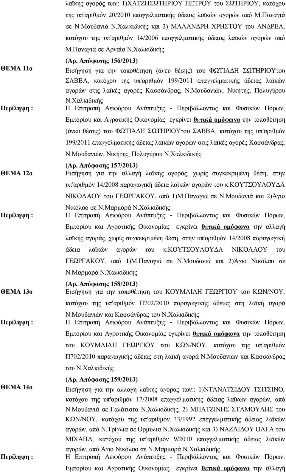 Απόφασης 156/2013) Εισήγηση για την τοποθέτηση (άνευ θέσης) του ΦΩΤΙΑΔΗ ΣΩΤΗΡΙΟΥτου ΣΑΒΒΑ, κατόχου της υπ'αριθμόν 199/2011 επαγγελματικής άδειας λαϊκών αγορών στις λαϊκές αγορές Κασσάνδρας, Ν.