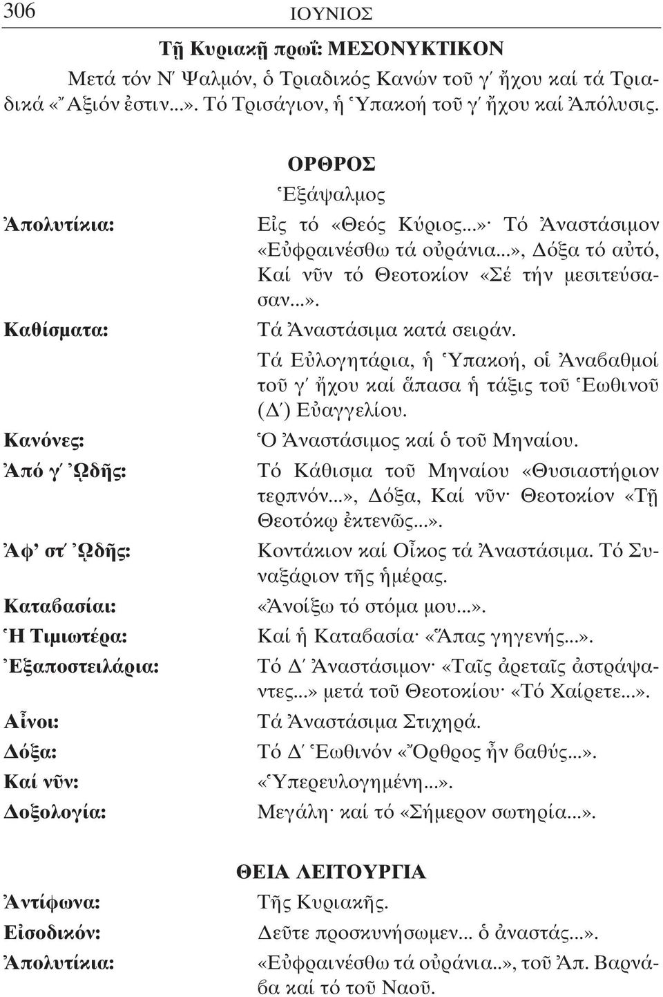 ..», ξα τ α τ, Καί ν ν τ Θεοτοκίον «Σέ τήν µεσιτε σασαν...». Τά Αναστάσιµα κατά σειράν. Τά Ε λογητάρια, Υπακοή, ο Ανα αθµοί το γ χου καί πασα τάξις το Εωθινο ( ) Ε αγγελίου.