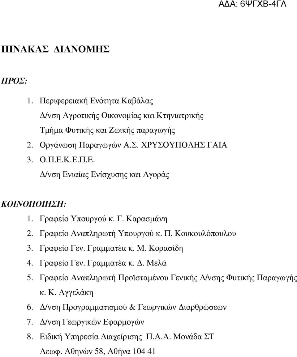 Γραφείο Γεν. Γραµµατέα κ. Μ. Κορασίδη 4. Γραφείο Γεν. Γραµµατέα κ.. Μελά 5. Γραφείο Αναπληρωτή Προϊσταµένου Γενικής /νσης Φυτικής Παραγωγής κ. Κ. Αγγελάκη 6.