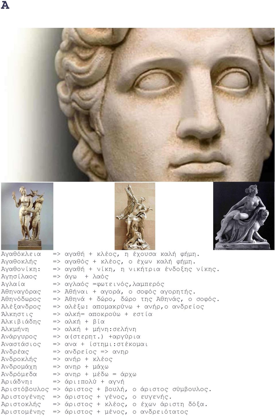 Αλέξανδρος => αλέξω: αποµακρύνω + ανήρ,ο ανδρείος Άλκηστις => αλκή= αποκρούω + εστία Αλκιβιάδης => αλκή + βία Αλκµήνη => αλκή + µήνη:σελήνη Ανάργυρος => α(στερητ.