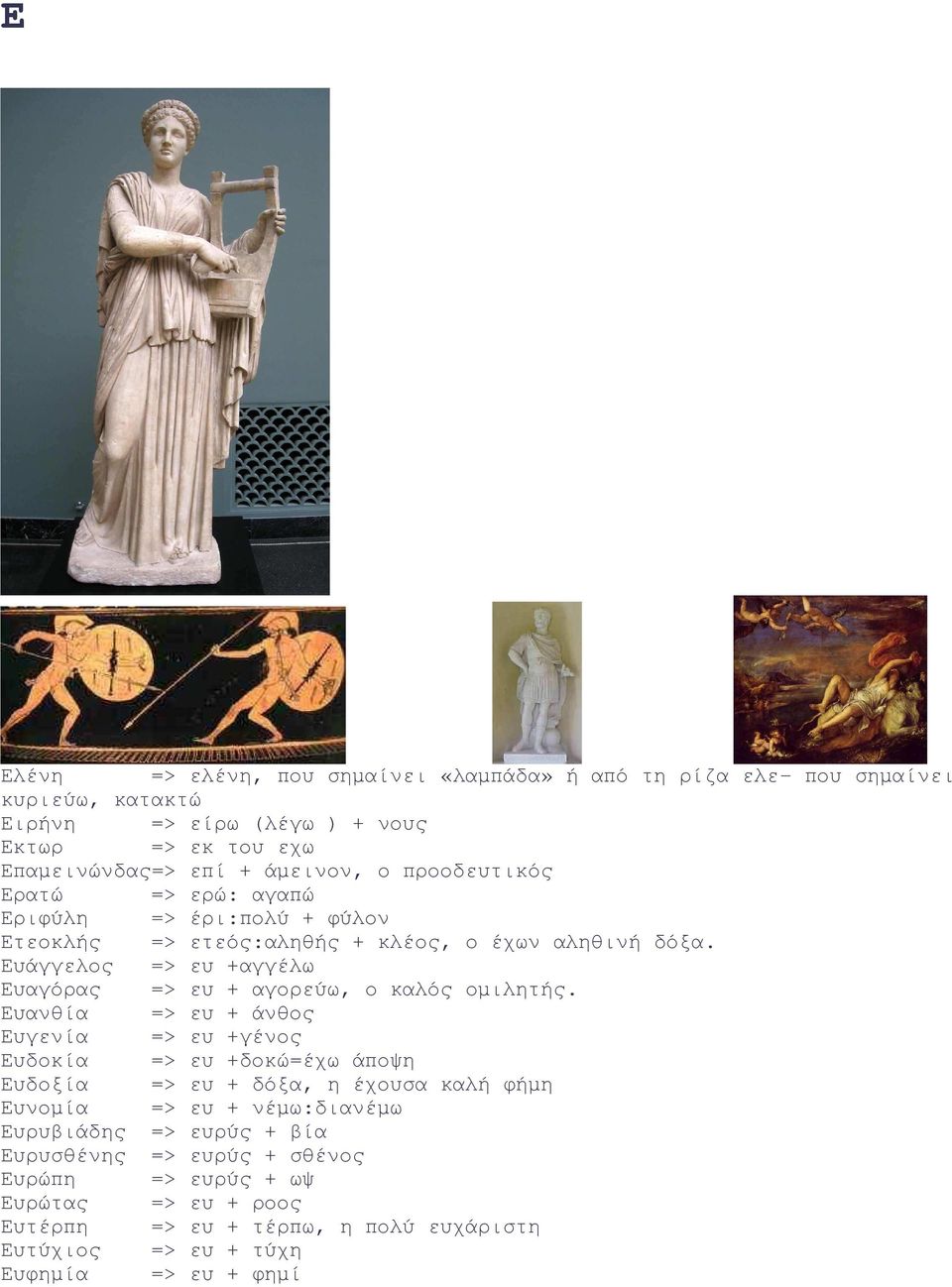 Ευάγγελος => ευ +αγγέλω Ευαγόρας => ευ + αγορεύω, ο καλός οµιλητής.