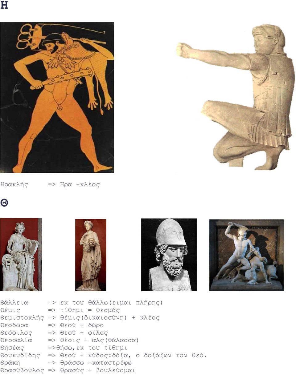 Θεσσαλία => θέσις + αλς(θάλασσα) Θησέας =>θήσω,εκ του τίθηµι Θουκυδίδης => Θεού +