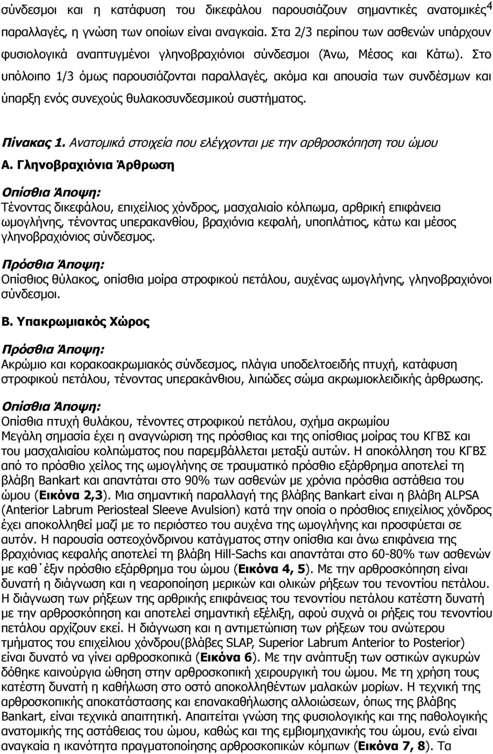 Στο υπόλοιπο 1/3 όμως παρουσιάζονται παραλλαγές, ακόμα και απουσία των συνδέσμων και ύπαρξη ενός συνεχούς θυλακοσυνδεσμικού συστήματος. Πίνακας 1.