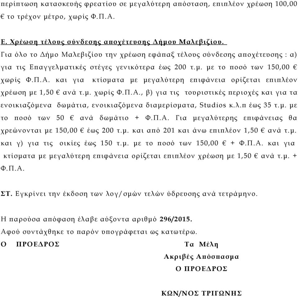 και για κτίσματα με μεγαλύτερη επιφάνεια ορίζεται επιπλέον χρέωση με 1,50 ανά τ.μ. χωρίς Φ.Π.Α.