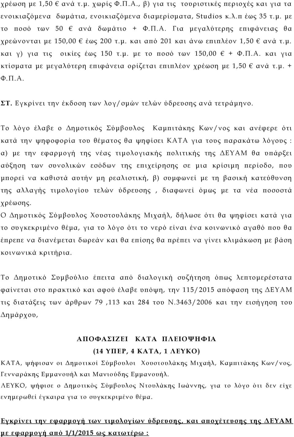 Α. ΣΤ. Εγκρίνει την έκδοση των λογ/σμών τελών ύδρευσης ανά τετράμηνο.