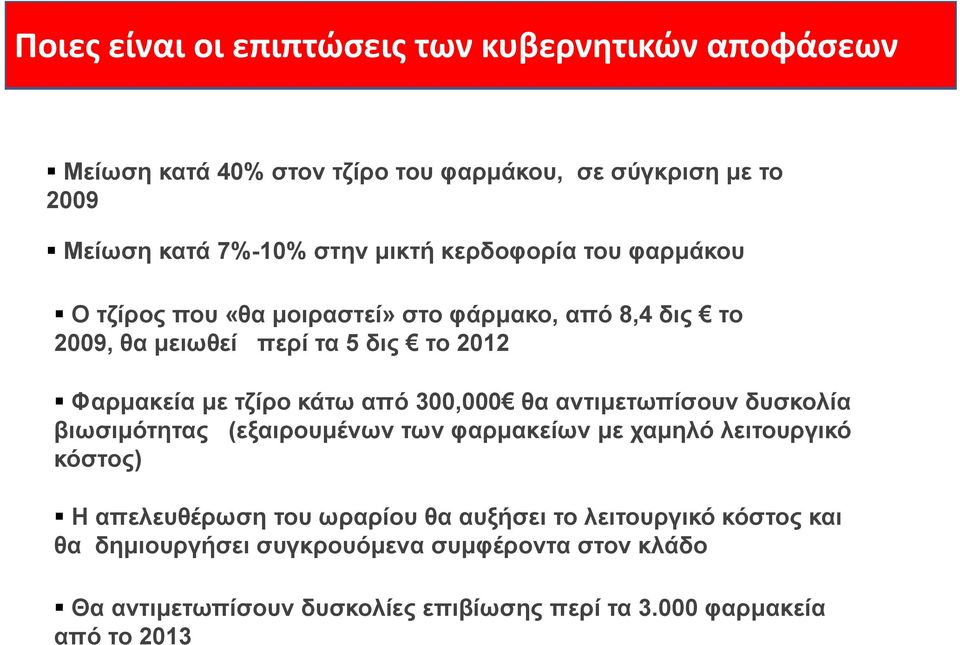 300,000 θα αντιµετωπίσουν δυσκολία βιωσιµότητας (εξαιρουµένων των φαρµακείων µε χαµηλό λειτουργικό κόστος) Η απελευθέρωση του ωραρίου θα αυξήσει το