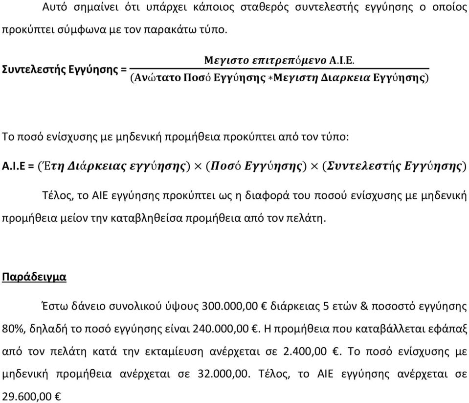 Ε = ( ) ( ) ( ) Τέλος, το ΑΙΕ εγγύησης προκύπτει ως η διαφορά του ποσού ενίσχυσης με μηδενική προμήθεια μείον την καταβληθείσα προμήθεια από τον πελάτη.