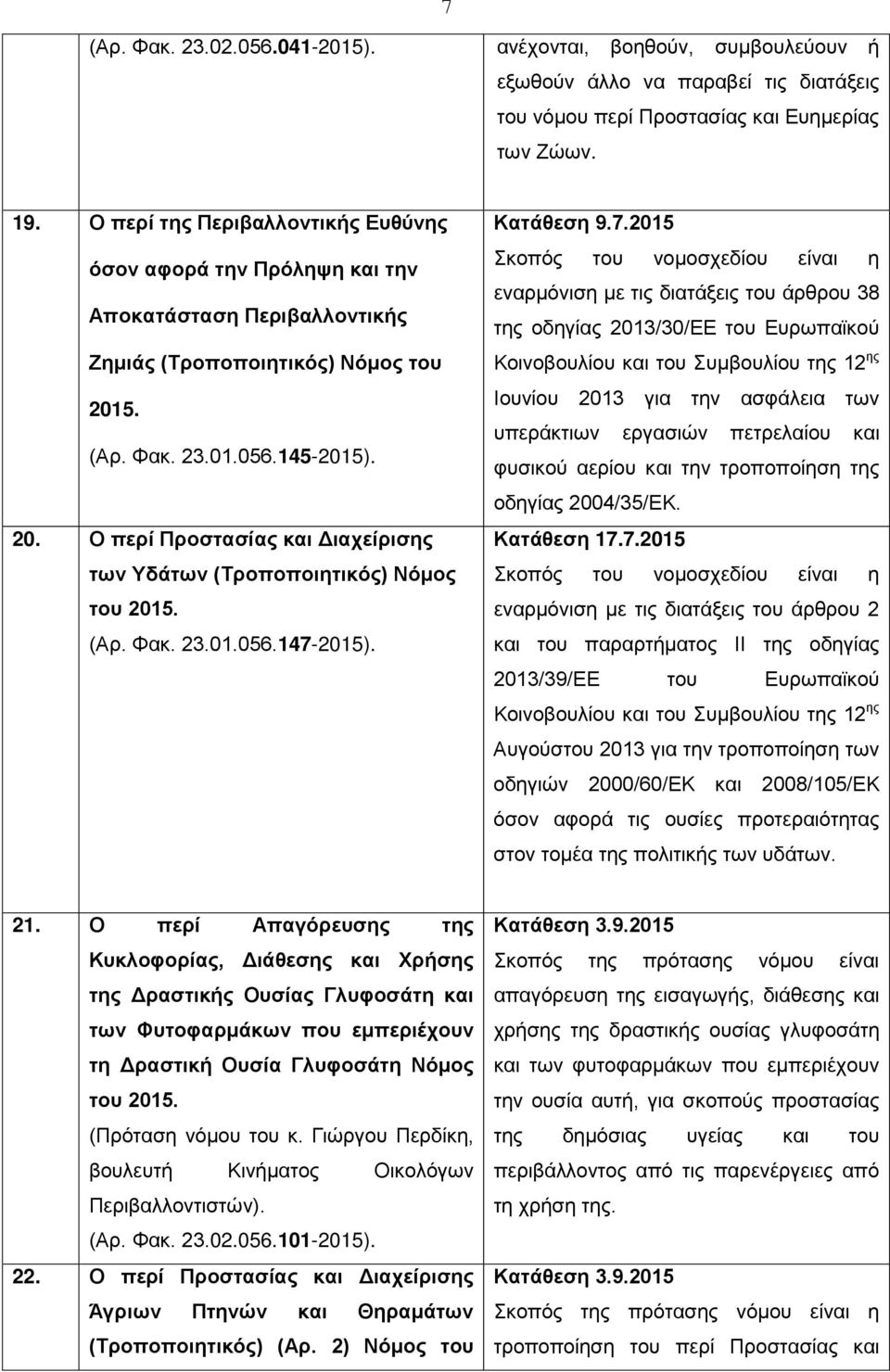 5. (Αρ. Φακ. 23.01.056.145-2015). 20. Ο περί Προστασίας και Διαχείρισης των Υδάτων (Τροποποιητικός) Νόμος του 2015. (Αρ. Φακ. 23.01.056.147-