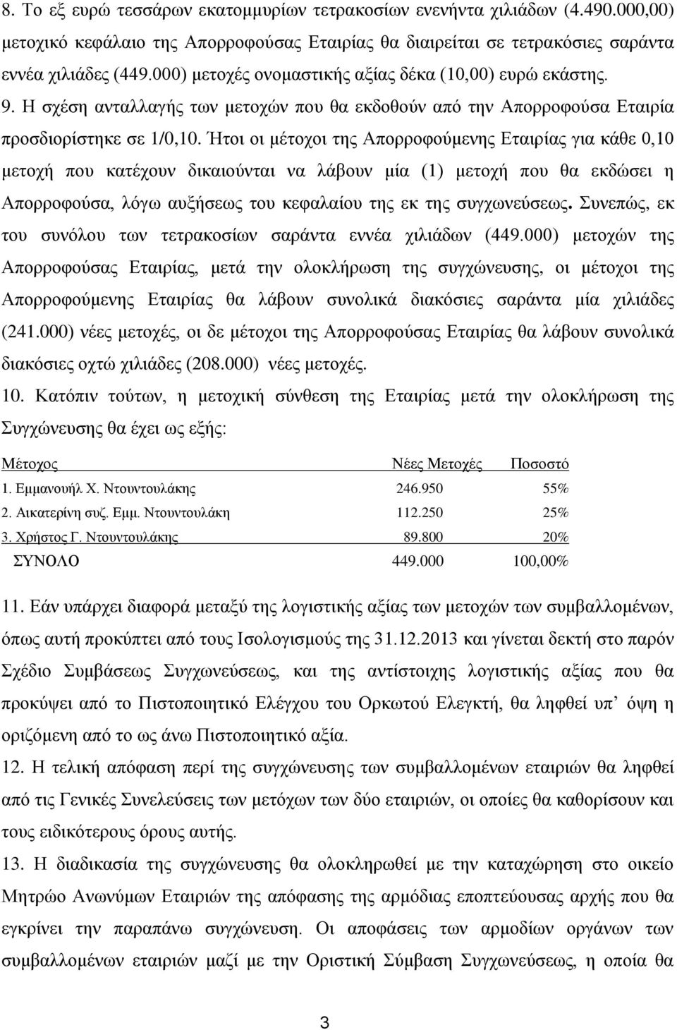 Ήτοι οι μέτοχοι της Απορροφούμενης Εταιρίας για κάθε 0,10 μετοχή που κατέχουν δικαιούνται να λάβουν μία (1) μετοχή που θα εκδώσει η Απορροφούσα, λόγω αυξήσεως του κεφαλαίου της εκ της συγχωνεύσεως.