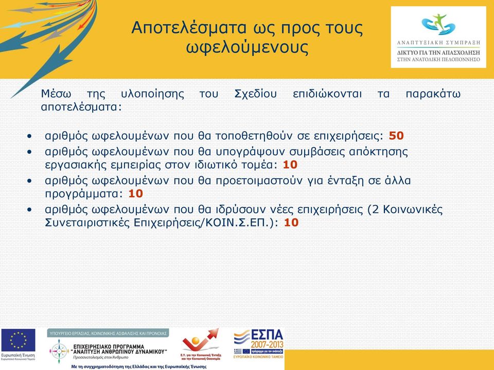 απόκτησης εργασιακής εμπειρίας στον ιδιωτικό τομέα: 10 αριθμός ωφελουμένων που θα προετοιμαστούν για ένταξη σε άλλα