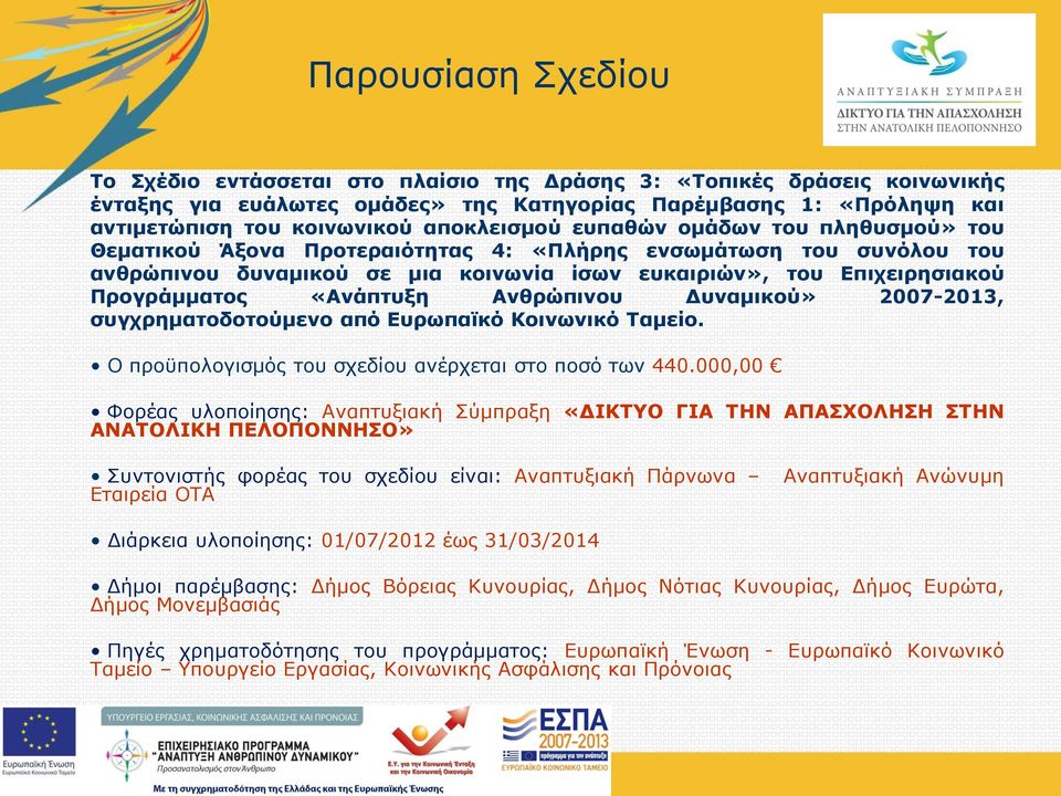 Προγράμματος «Ανάπτυξη Ανθρώπινου Δυναμικού» 2007-2013, συγχρηματοδοτούμενο από Ευρωπαϊκό Κοινωνικό Ταμείο. Ο προϋπολογισμός του σχεδίου ανέρχεται στο ποσό των 440.