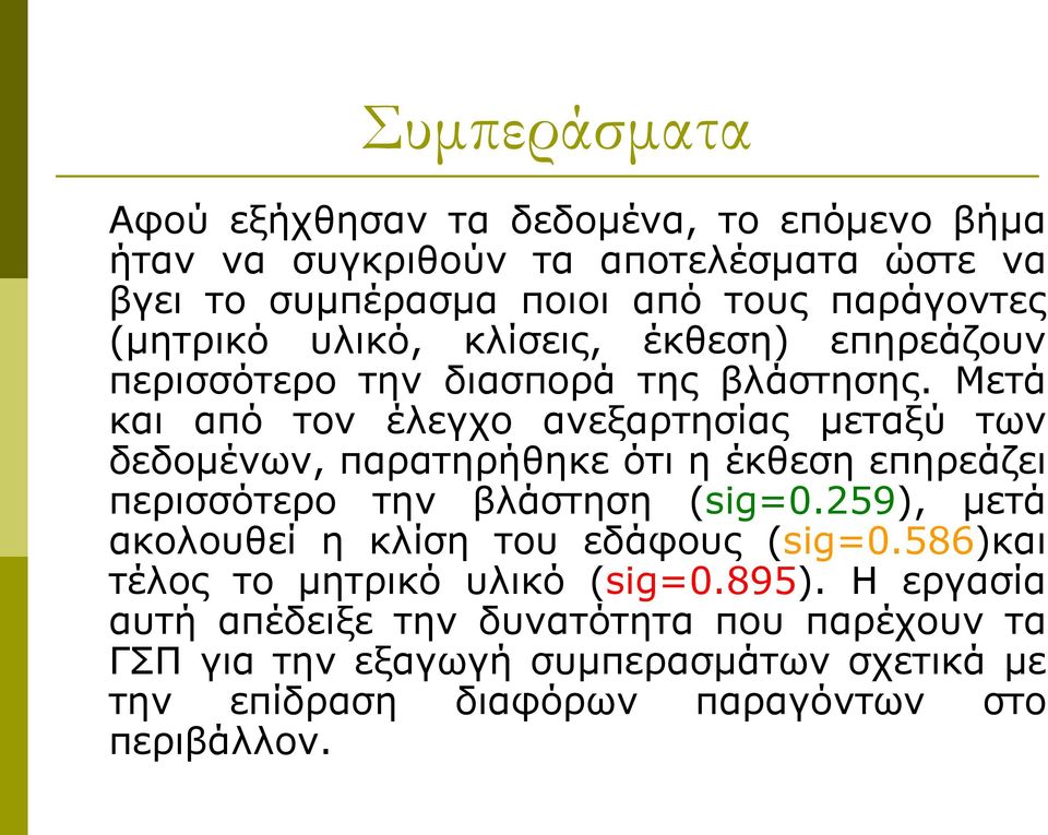 Μεηά θαη από ηνλ έιεγρν αλεμαξηεζίαο κεηαμύ ηωλ δεδνκέλωλ, παξαηεξήζεθε όηη ε έθζεζε επεξεάδεη πεξηζζόηεξν ηελ βιάζηεζε (sig=0.