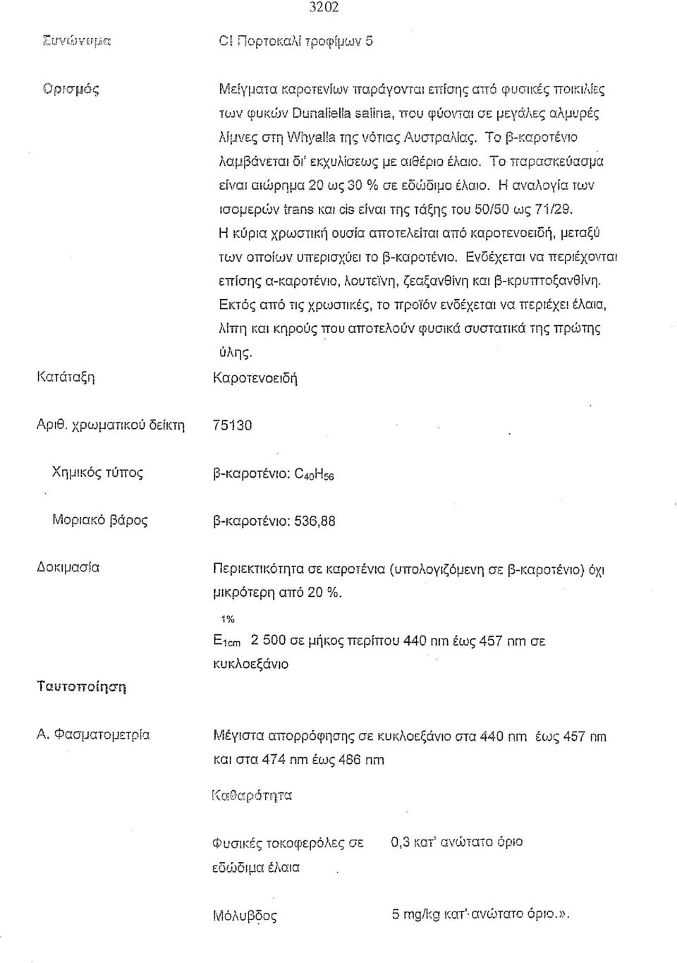 Η αναλογία των lσομεριίν trans και CiS είναι της τάξης του 50150 ως 71/29. Η κύρια χρωσtlκή ουσία αποτελείται από καροτενοειδή, μεταξύ των οποίων υπερισχύει το β-καροτένlο.