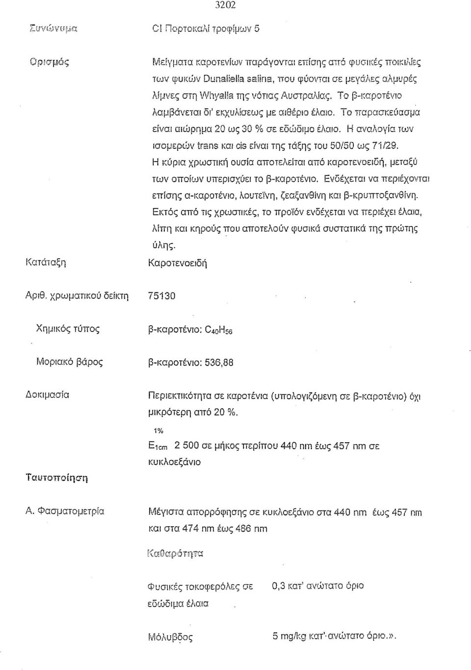 Η αναλογία των lσομεριίν trans και CiS είναι της τάξης του 50150 ως 71/29. Η κύρια χρωσtlκή ουσία αποτελείται από καροτενοειδή, μεταξύ των οποίων υπερισχύει το β-καροτένlο.