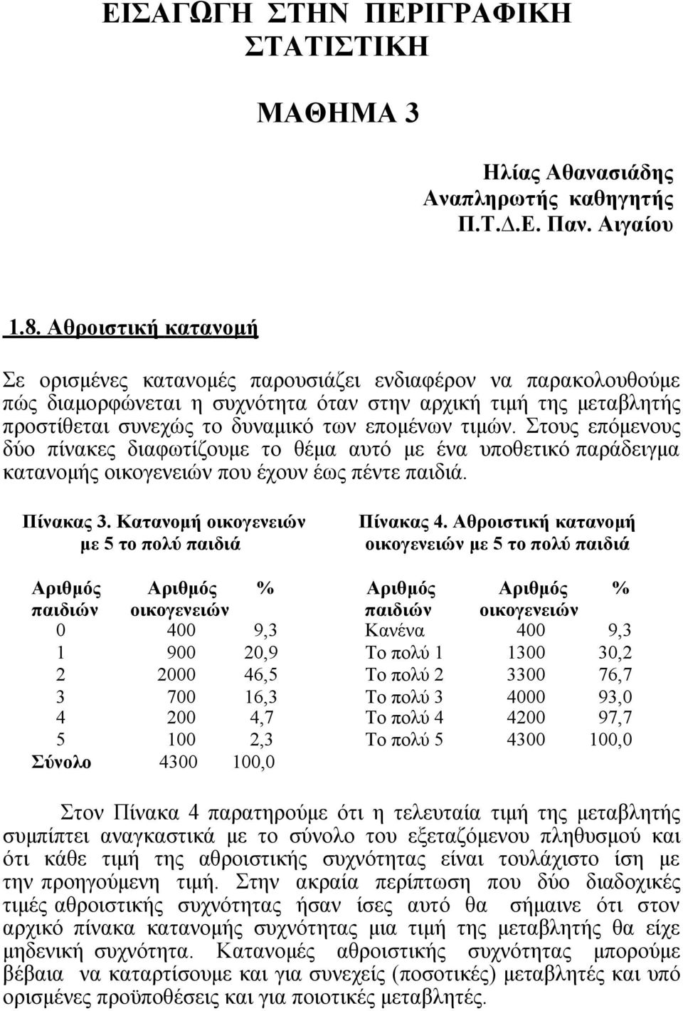 τιμών. Στους επόμενους δύο πίνακες διαφωτίζουμε το θέμα αυτό με ένα υποθετικό παράδειγμα κατανομής οικογενειών που έχουν έως πέντε παιδιά. Πίνακας 3.