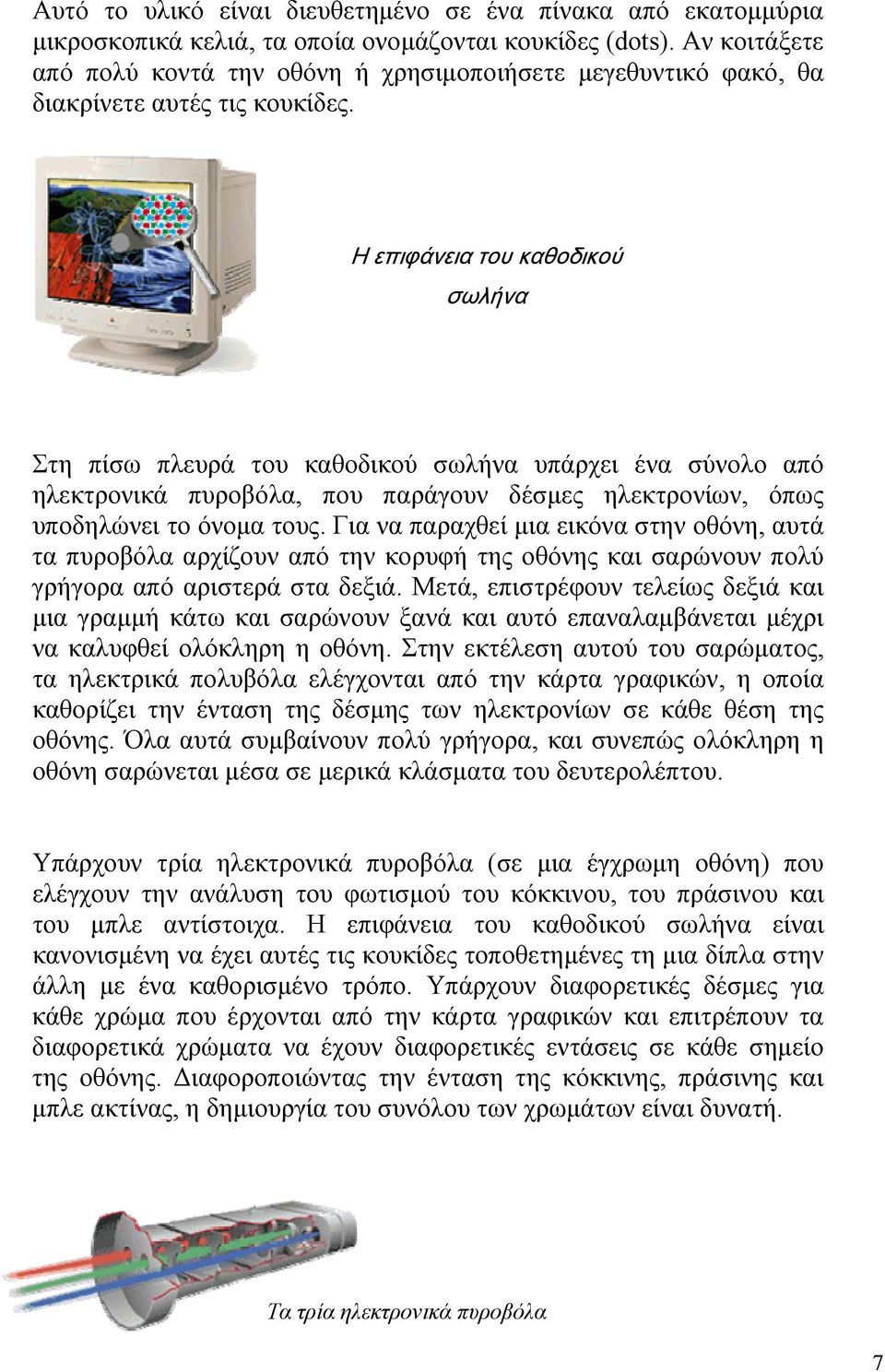 Η επιφάνεια του καθοδικού σωλήνα Στη πίσω πλευρά του καθοδικού σωλήνα υπάρχει ένα σύνολο από ηλεκτρονικά πυροβόλα, που παράγουν δέσμες ηλεκτρονίων, όπως υποδηλώνει το όνομα τους.