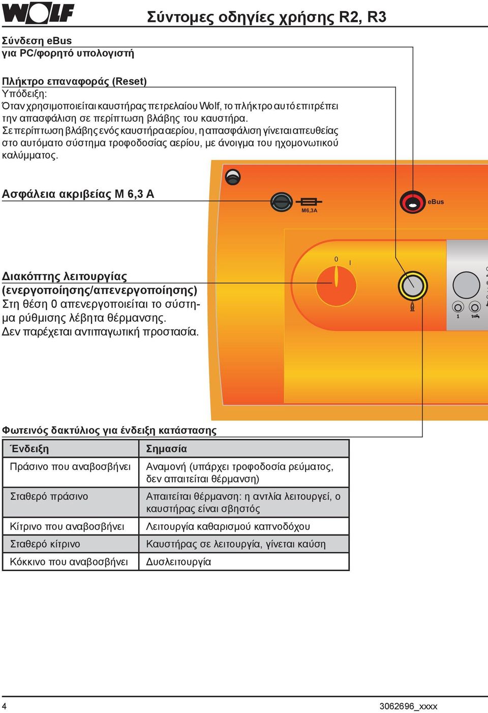 Ασφάλεια ακριβείας M 6,3 A M6,3A ebus Διακόπτης λειτουργίας (ενεργοποίησης/απενεργοποίησης) Στη θέση 0 απενεργοποιείται το σύστημα ρύθμισης λέβητα θέρμανσης. Δεν παρέχεται αντιπαγωτική προστασία.