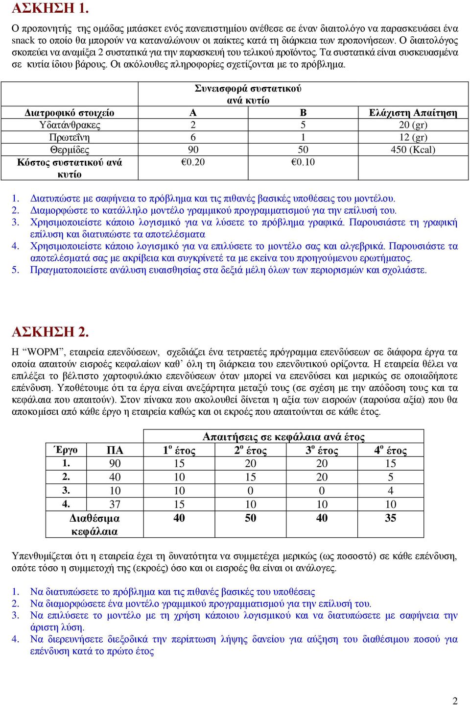 Συνεισφορά συστατικού ανά κυτίο Διατροφικό στοιχείο Α Β Ελάχιστη Απαίτηση Υδατάνθρακες 2 5 20 (gr) Πρωτεΐνη 6 1 12 (gr) Θερμίδες 90 50 450 (Kcal) Κόστος συστατικού ανά κυτίο 0.20 0.10 1.