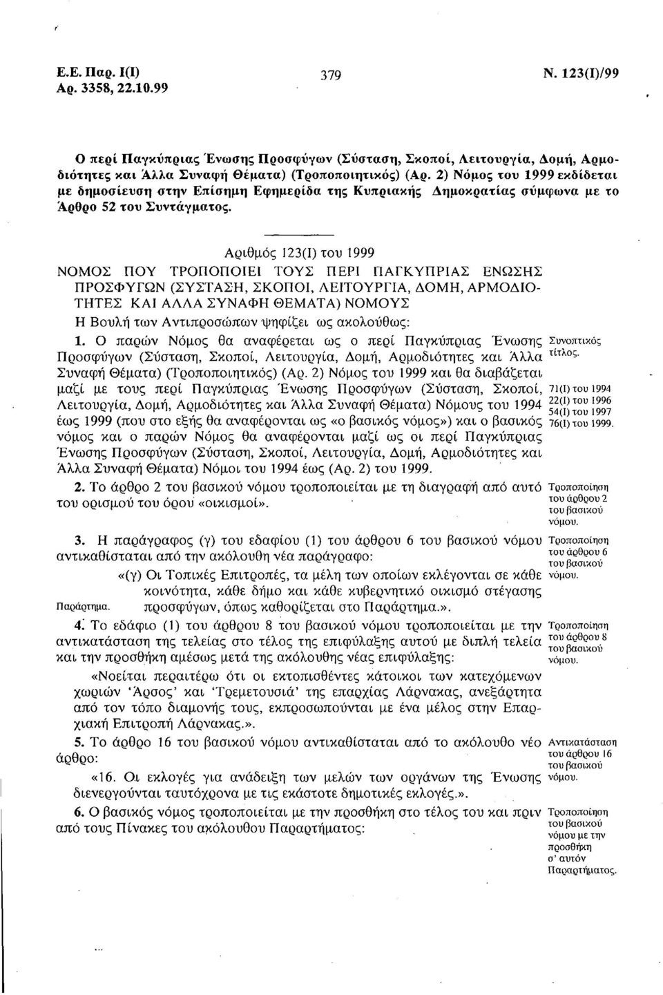 Αριθμός 123(1) του 1999 ΝΟΜΟΣ ΠΟΥ ΤΡΟΠΟΠΟΙΕΙ ΤΟΥΣ ΠΕΡΙ ΠΑΓΚΥΠΡΙΑΣ ΕΝΩΣΗΣ ΠΡΟΣΦΥΓΩΝ (ΣΥΣΤΑΣΗ, ΣΚΟΠΟΙ, ΛΕΙΤΟΥΡΓΙΑ, ΔΟΜΗ, ΑΡΜΟΔΙΟ ΤΗΤΕΣ ΚΑΙ ΑΛΛΑ ΣΥΝΑΦΗ ΘΕΜΑΤΑ) ΝΟΜΟΥΣ Η Βουλή των Αντιπροσώπων -ψηφίζει