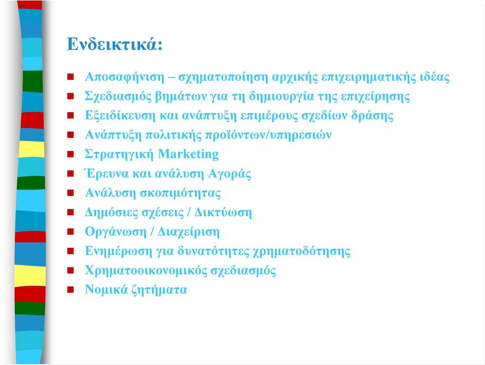 προϊόντων/υπηρεσιών Στρατηγική Marketing Έρευνα και ανάλυση Αγοράς Ανάλυση σκοπιμότητας Δημόσιες