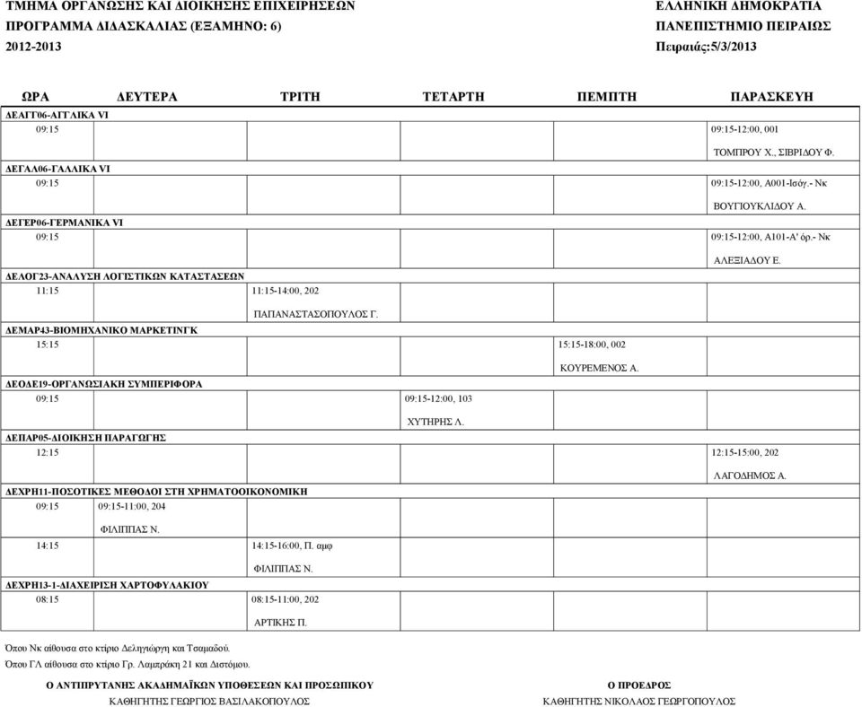 ΔΕΜΑΡ43-ΒΙΟΜΗΧΑΝΙΚΟ ΜΑΡΚΕΤΙΝΓΚ 15:15 15:15-18:00, 002 ΔΕΟΔΕ19-ΟΡΓΑΝΩΣΙΑΚΗ ΣΥΜΠΕΡΙΦΟΡΑ 09:15 09:15-12:00, 103 ΚΟΥΡΕΜΕΝΟΣ Α. ΧΥΤΗΡΗΣ Λ.