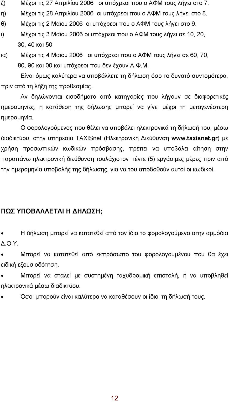 ι) Μέχρι τις 3 Μαϊου 2006 οι υπόχρεοι που ο ΑΦΜ τους λήγει σε 10, 20, 30, 40 και 50 ια) Μέχρι τις 4 Μαϊου 2006 οι υπόχρεοι που ο ΑΦΜ τους λήγει σε 60, 70, 80, 90 και 00 και υπόχρεοι που δεν έχουν Α.Φ.Μ. Είναι όμως καλύτερα να υποβάλλετε τη δήλωση όσο το δυνατό συντομότερα, πριν από τη λήξη της προθεσμίας.