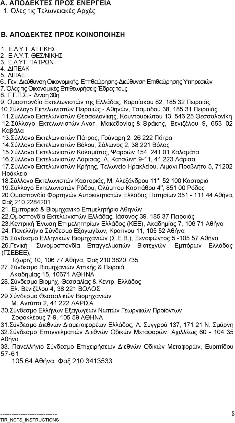 Σύλλογο Εκτελωνιστών Πειραιώς - Αθηνών, Τσαμαδού 38, 185 31 Πειραιάς 11.Σύλλογο Εκτελωνιστών Θεσσαλονίκης, Κουντουριώτου 13, 546 25 Θεσσαλονίκη 12.Σύλλογο Εκτελωνιστών Ανατ.