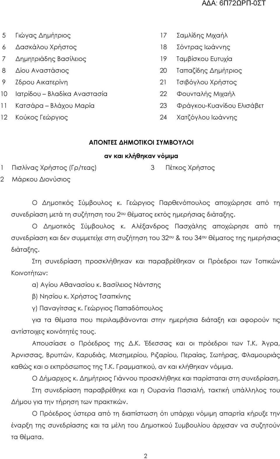 Πισλίνας Χρήστος (Γρ/τεας) 3 Πέτκος Χρήστος 2 Μάρκου ιονύσιος Ο ηµοτικός Σύµβουλος κ. Γεώργιος Παρθενόπουλος αποχώρησε από τη συνεδρίαση µετά τη συζήτηση του 2 ου θέµατος εκτός ηµερήσιας διάταξης.