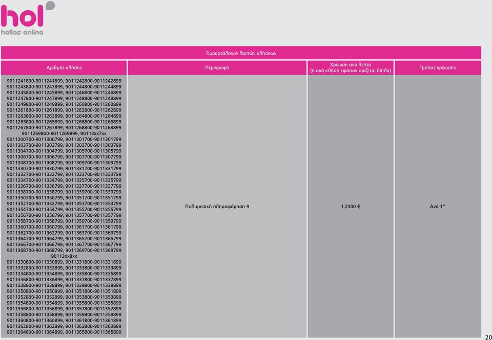 9011267800-9011267899, 9011268800-9011268899 9011269800-9011269899, 90113xx7xx 9011300700-9011300799, 9011301700-9011301799 9011303700-9011303799, 9011303700-9011303799 9011304700-9011304799,