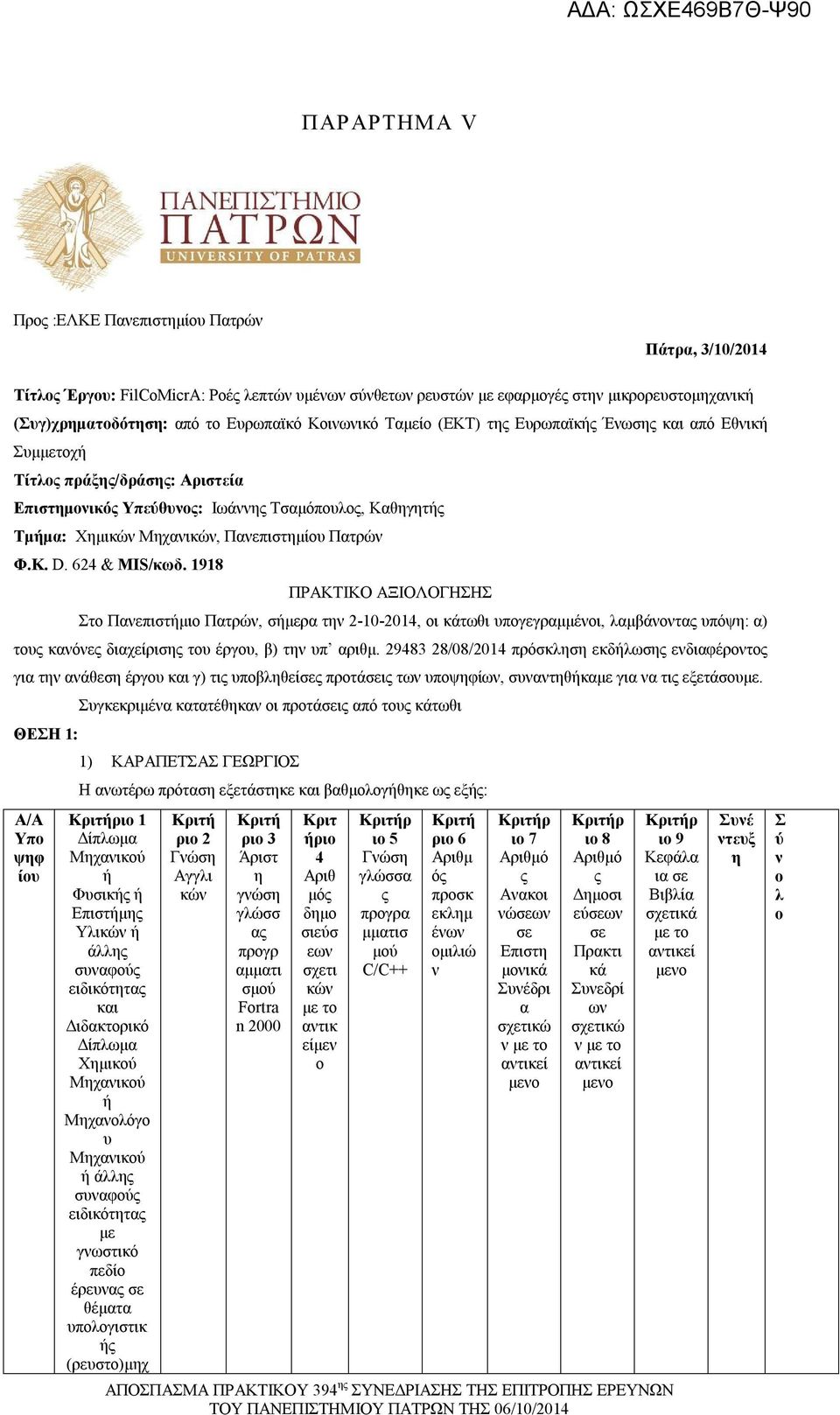 191 ΠΡΑΚΤΙΚΟ ΑΞΙΟΛΟΓΗΣΗΣ Στο Πνεπιστμιο Πτρών, σμερ τν 2-10-2014, οι κάτωθι υπογεγρμμένοι, λμβάνοντς υπόψ: ) ς κνόνες διχείρισς έργου, β) τν υπ ριθμ.