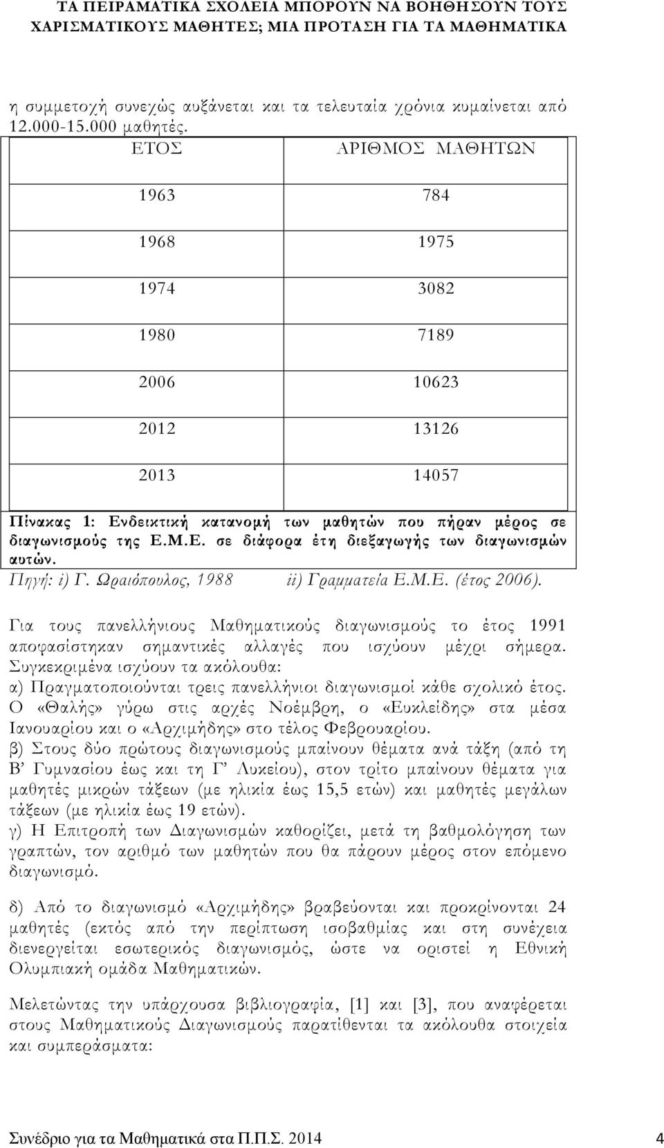 Πηγή: i) Γ. Ωραιόπουλος, 1988 ii) Γραμματεία Ε.Μ.Ε. (έτος 2006). Για τους πανελλήνιους Μαθηματικούς διαγωνισμούς το έτος 1991 αποφασίστηκαν σημαντικές αλλαγές που ισχύουν μέχρι σήμερα.