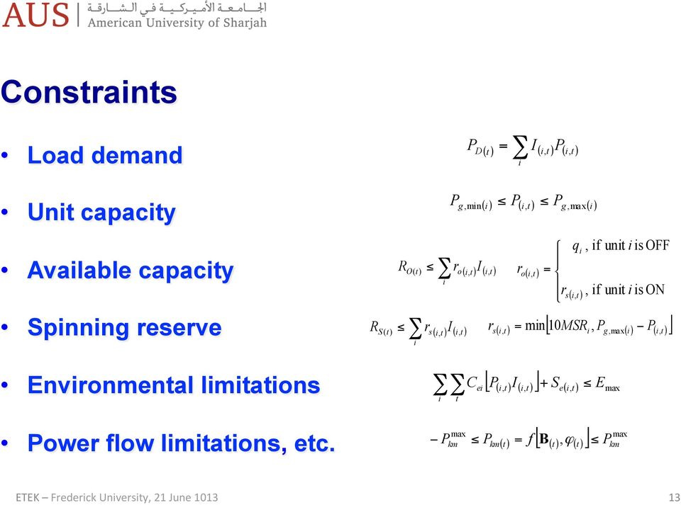 unit i is ON [ 10MSR P P ] r, = min,, ( t) s ( i, t ) ( i t ) s( i t ) i g,max( i) ( i t ) Environmental limitations i t C